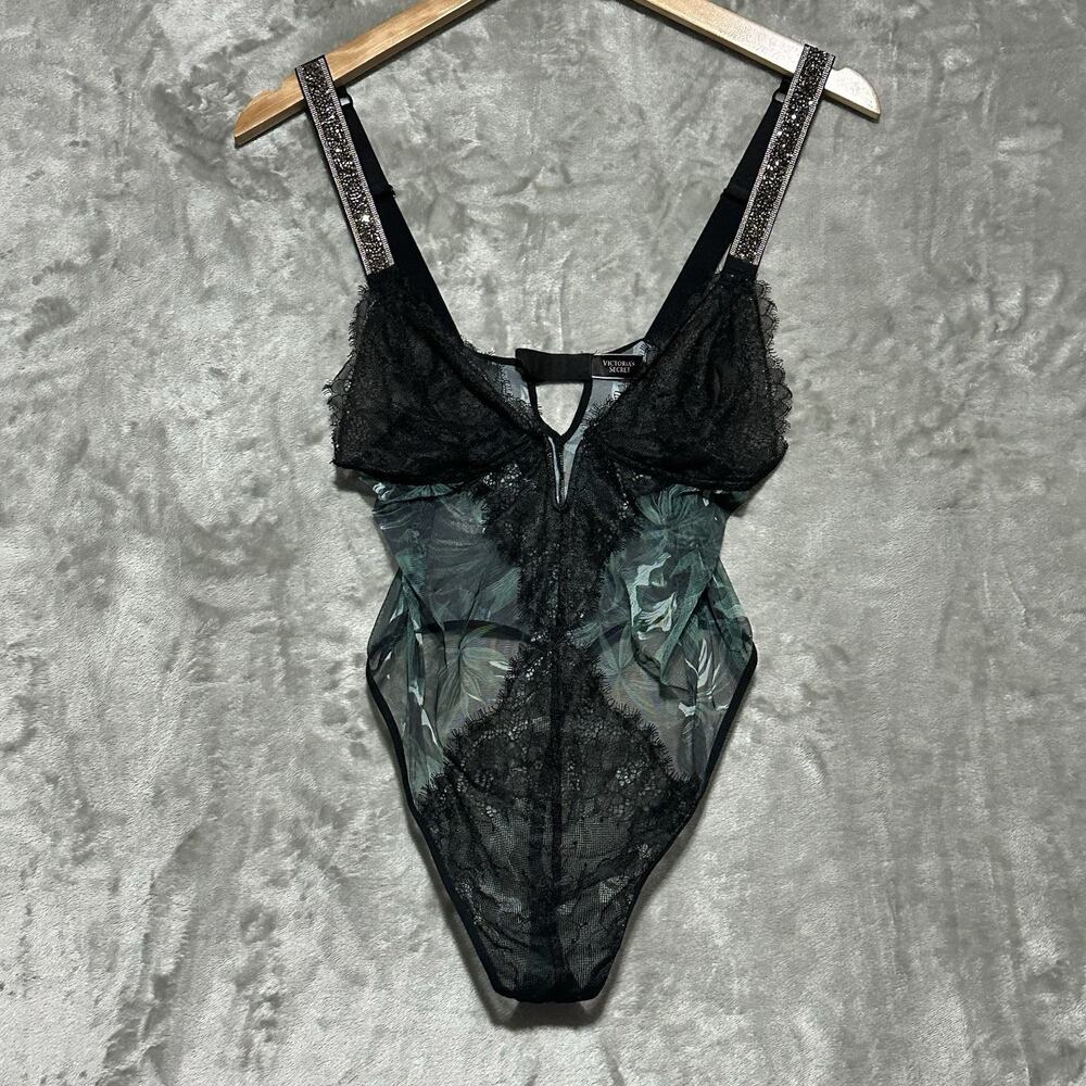 Victorias Secret Very Sexy Embellished Shine Strap Sheer Teddy Bodysuit Size‎ M